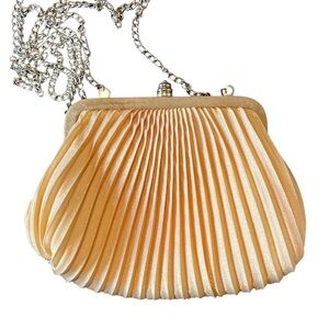 Sasha Gold Satin Pleated small purse w/Gold chain shoulder strap 7.5”W X 5.5”H